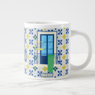 Portuguese tiles and window balcony with bird large coffee mug