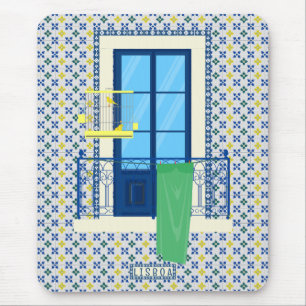 Portuguese tiles and window balcony with bird mouse mat