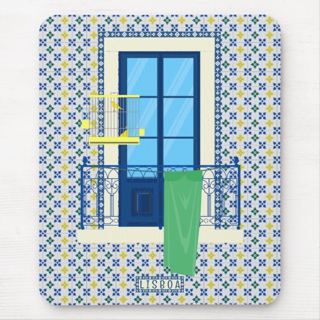 Portuguese tiles and window balcony with bird mouse mat (Front)