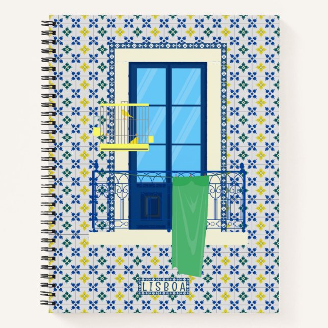Portuguese tiles and window balcony with bird notebook (Front)