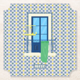 Portuguese tiles and window balcony with bird paper coaster