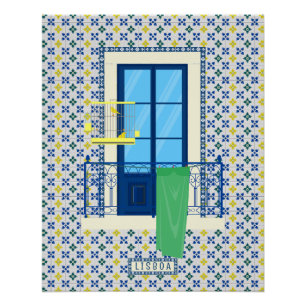 Portuguese tiles and window balcony with bird poster