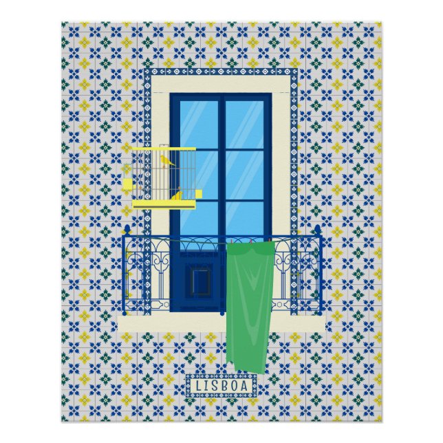 Portuguese tiles and window balcony with bird poster (Front)