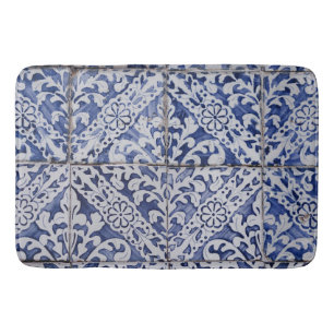 Portuguese Tiles - Azulejo Blue and White Floral Bath Mat