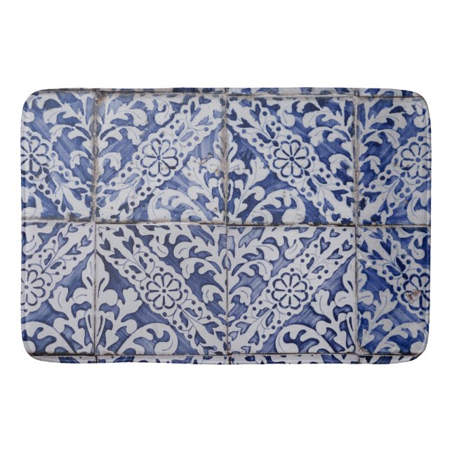 Portuguese Tiles - Azulejo Blue and White Floral Bath Mat (Front)