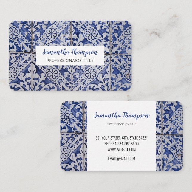 Portuguese Tiles - Azulejo Blue and White Floral Business Card (Front/Back)