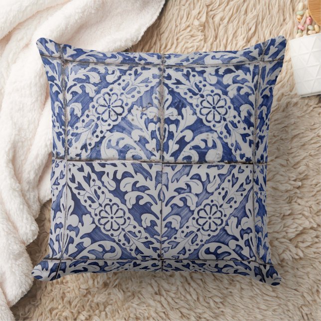 Portuguese Tiles - Azulejo Blue and White Floral Cushion (Blanket)