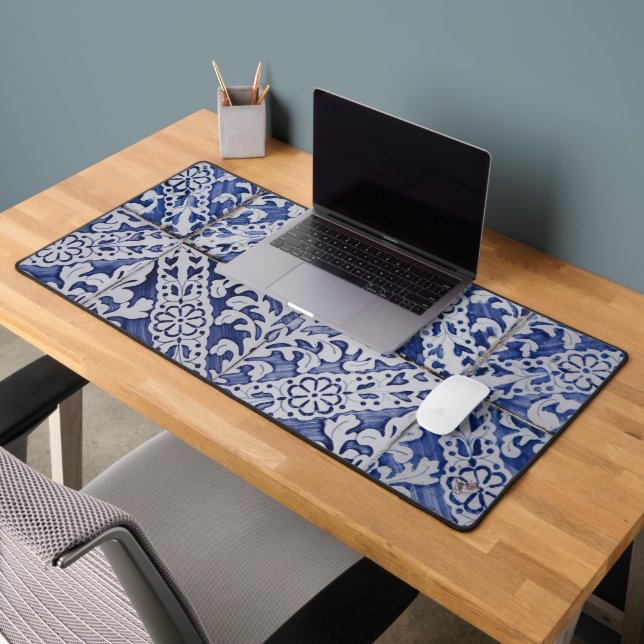 Portuguese Tiles - Azulejo Blue and White Floral Desk Mat (Office 2)