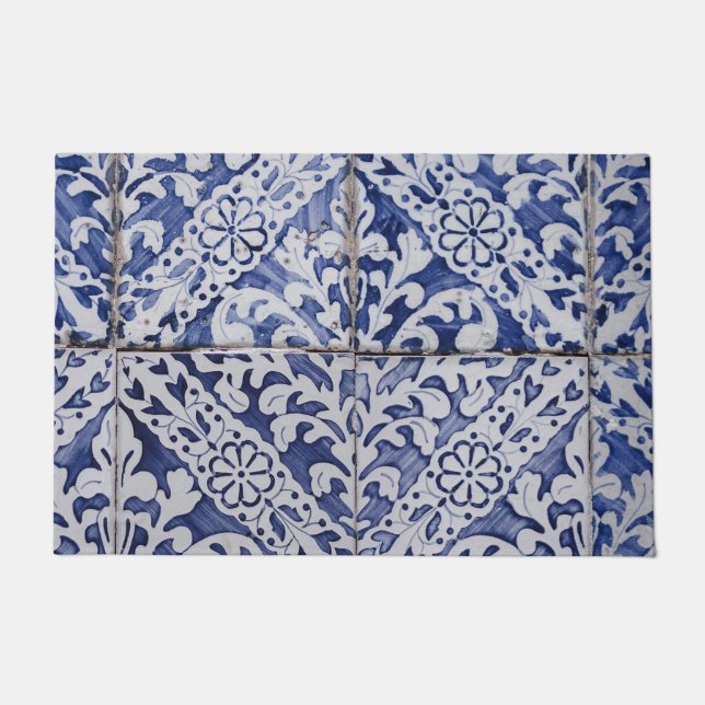 Portuguese Tiles - Azulejo Blue and White Floral Doormat (Front)