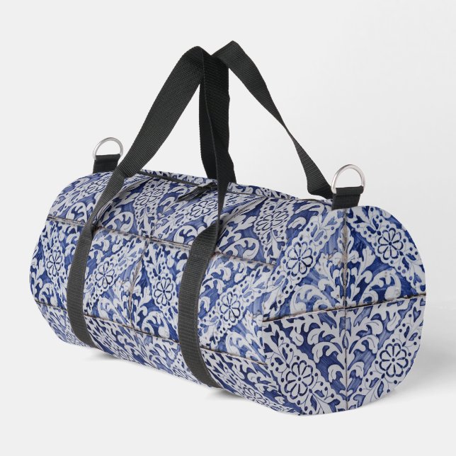 Portuguese Tiles - Azulejo Blue and White Floral Duffle Bag (Left Corner)