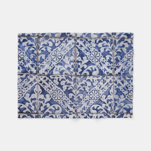 Portuguese Tiles - Azulejo Blue and White Floral Fleece Blanket