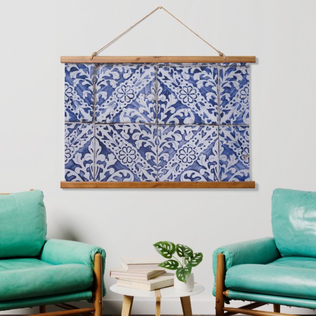 Portuguese Tiles - Azulejo Blue and White Floral  Hanging Tapestry (Living Room)