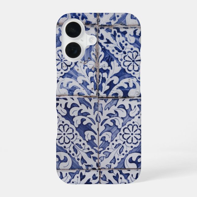 Portuguese Tiles - Azulejo Blue and White Floral iPhone 16 Case (Back)