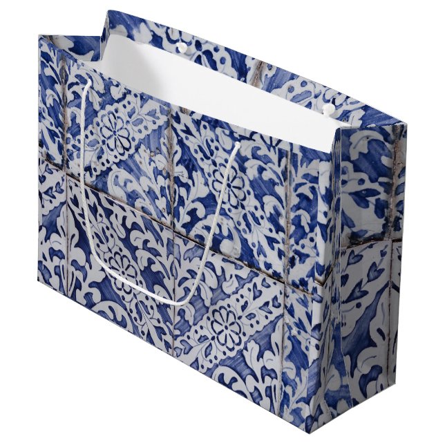 Portuguese Tiles - Azulejo Blue and White Floral Large Gift Bag (Front Angled)