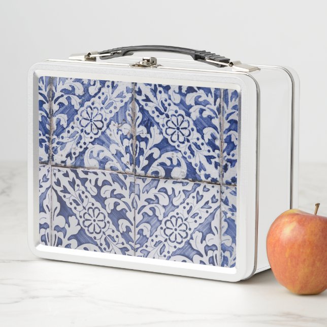 Portuguese Tiles - Azulejo Blue and White Floral Metal Lunch Box (In Situ)