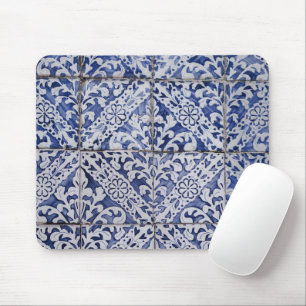 Portuguese Tiles - Azulejo Blue and White Floral Mouse Mat