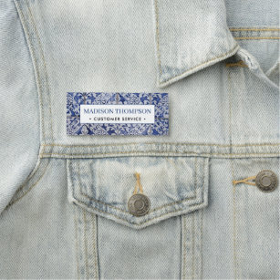 Portuguese Tiles - Azulejo Blue and White Floral   Name Tag