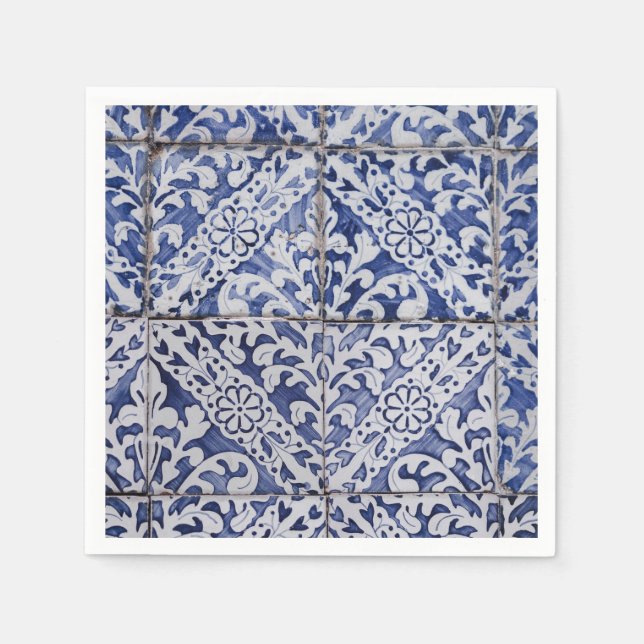 Portuguese Tiles - Azulejo Blue and White Floral Napkin (Front)