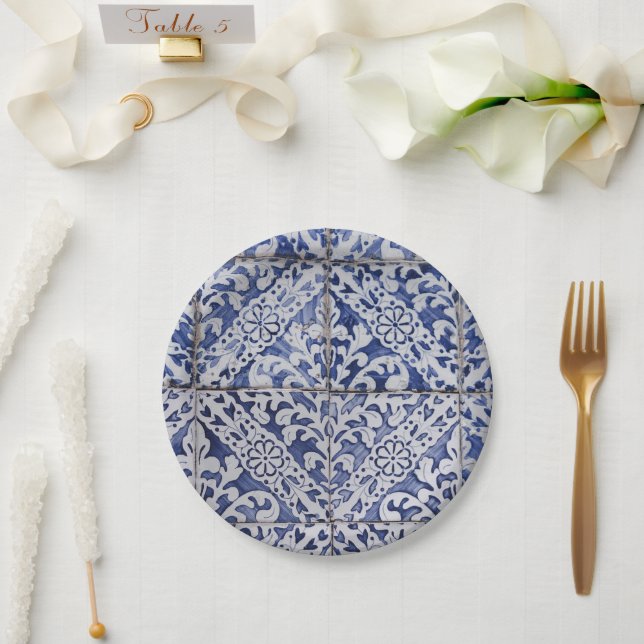 Portuguese Tiles - Azulejo Blue and White Floral Paper Plate (Wedding)