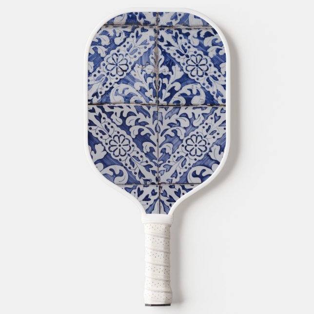 Portuguese Tiles - Azulejo Blue and White Floral  Pickleball Paddle (Front)