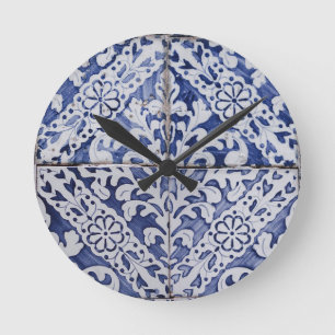 Portuguese Tiles - Azulejo Blue and White Floral Round Clock