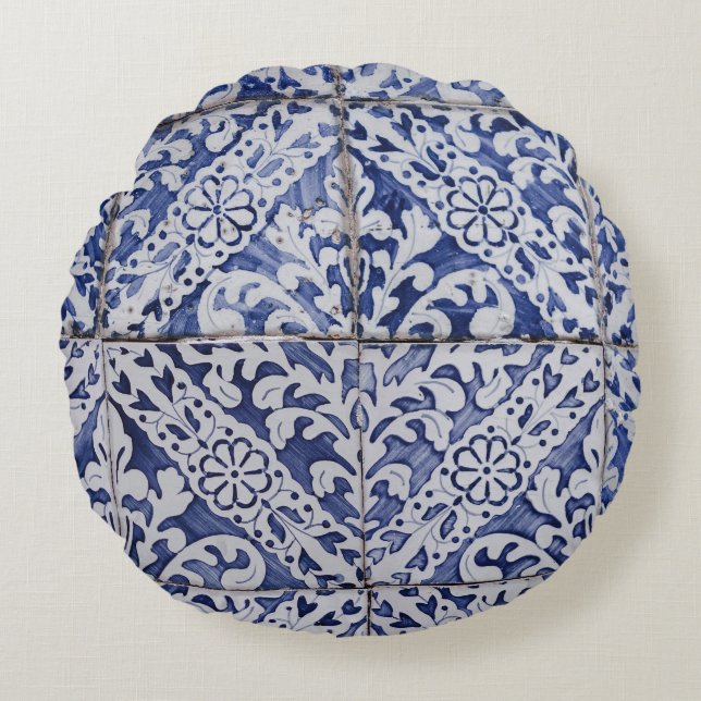 Portuguese Tiles - Azulejo Blue and White Floral Round Cushion (Front)