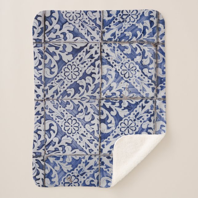 Portuguese Tiles - Azulejo Blue and White Floral Sherpa Blanket (Front)
