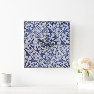 Portuguese Tiles - Azulejo Blue and White Floral Square Wall Clock