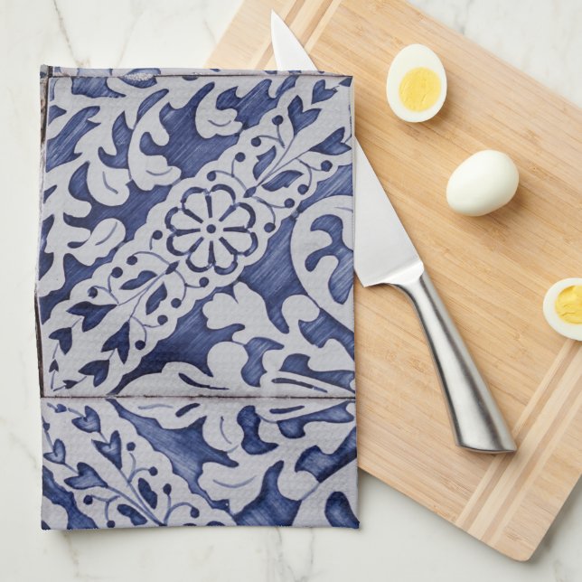 Portuguese Tiles - Azulejo Blue and White Floral Tea Towel (Quarter Fold)