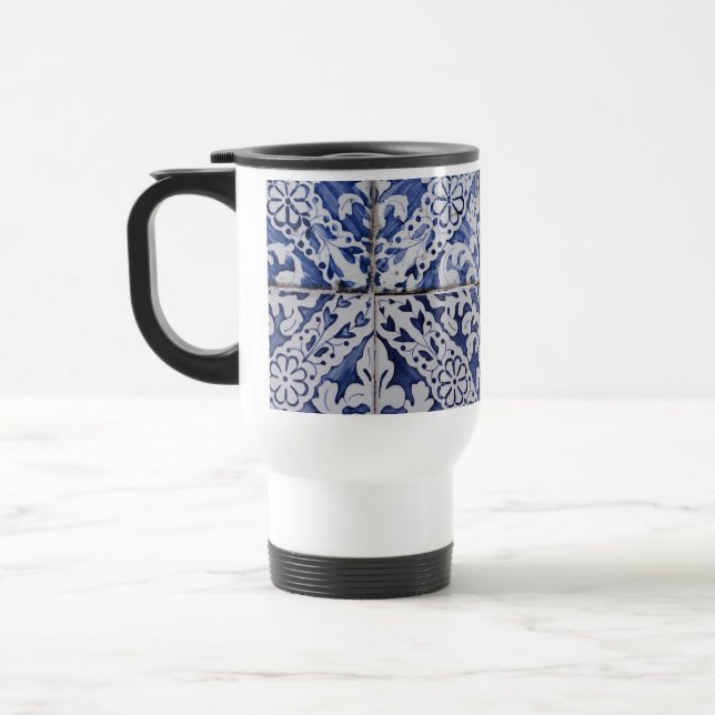 Portuguese Tiles - Azulejo Blue and White Floral Travel Mug (Left)
