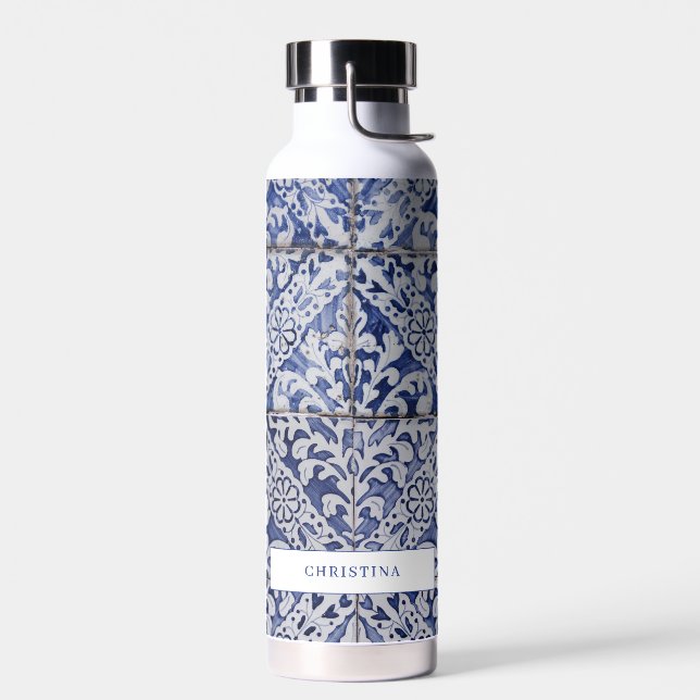 Portuguese Tiles - Azulejo Blue and White Floral Water Bottle (Left)