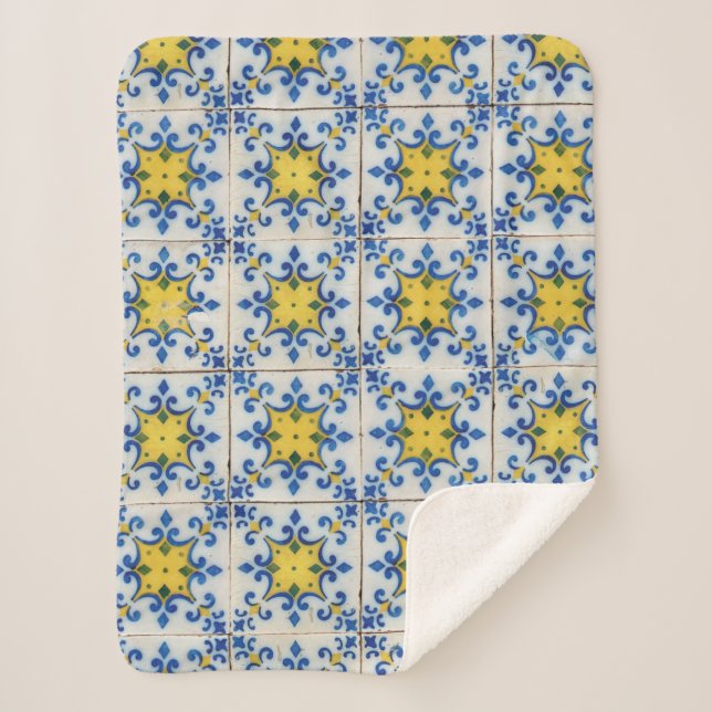 Portuguese Tiles - Azulejo Blue and Yellow Pattern Sherpa Blanket (Front)