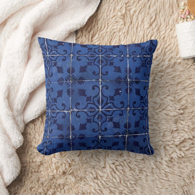 Portuguese Tiles - Azulejo Blue Floral Leaf Design Cushion (Blanket)