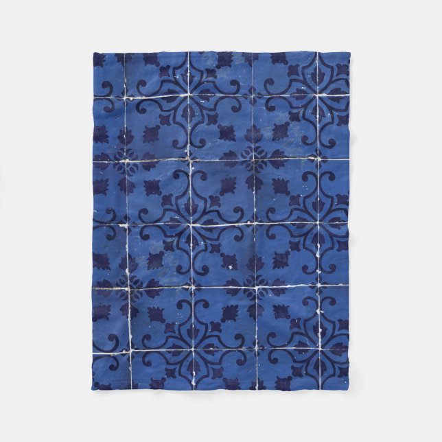 Portuguese Tiles - Azulejo Blue Floral Leaf Design Fleece Blanket (Front)