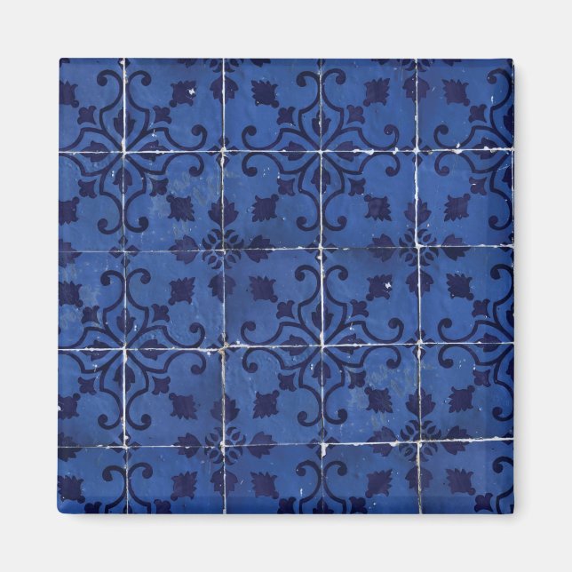 Portuguese Tiles - Azulejo Blue Floral Leaf Design Magnet (Front)