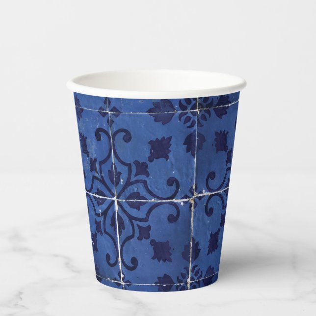 Portuguese Tiles - Azulejo Blue Floral Leaf Design Paper Cups (Front)