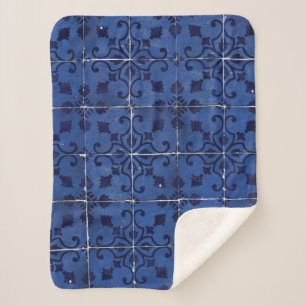 Portuguese Tiles - Azulejo Blue Floral Leaf Design Sherpa Blanket