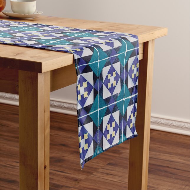 Portuguese Tiles - Azulejo Diamond Geometric Short Table Runner (In Situ)
