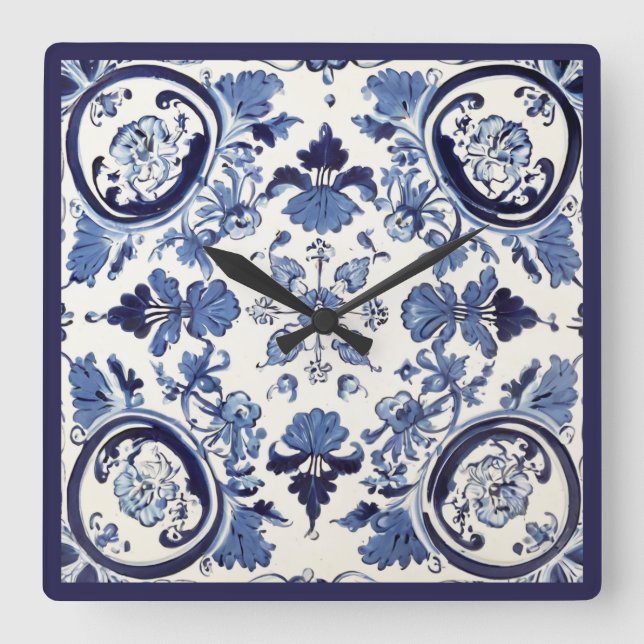 Portuguese Tiles Azulejos Vintage Blue And White Square Wall Clock (Front)