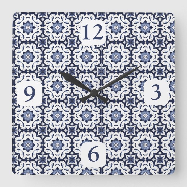 Portuguese Tiles Azulejos Vintage Blue And White Square Wall Clock (Front)
