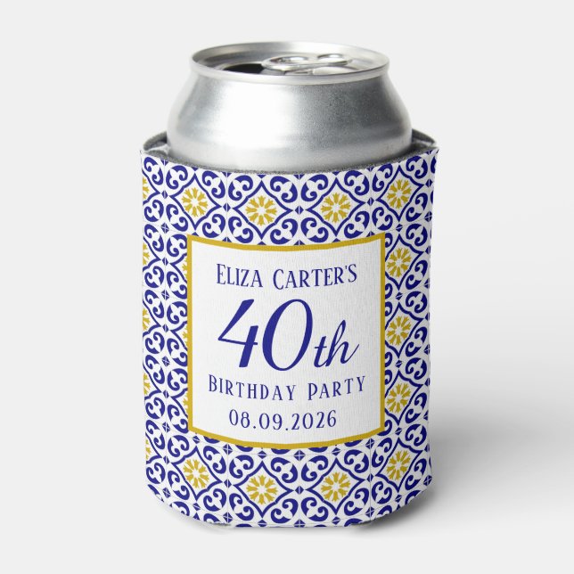 Portuguese Tiles Blue 40th Birthday Mediterranean  Can Cooler (Can Front)