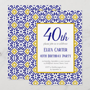 Portuguese Tiles Blue 40th Birthday Mediterranean  Invitation