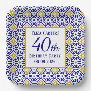 Portuguese Tiles Blue 40th Birthday Mediterranean Paper Plate