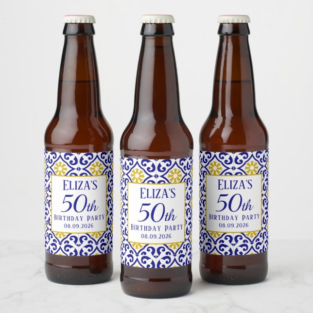 Portuguese Tiles Blue 50th Birthday Mediterranean  Beer Bottle Label (Bottles)