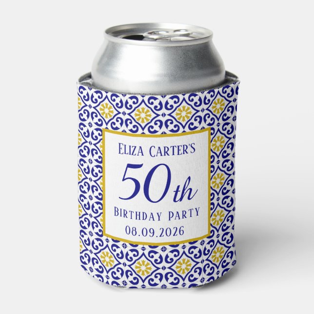 Portuguese Tiles Blue 50th Birthday Mediterranean  Can Cooler (Can Front)
