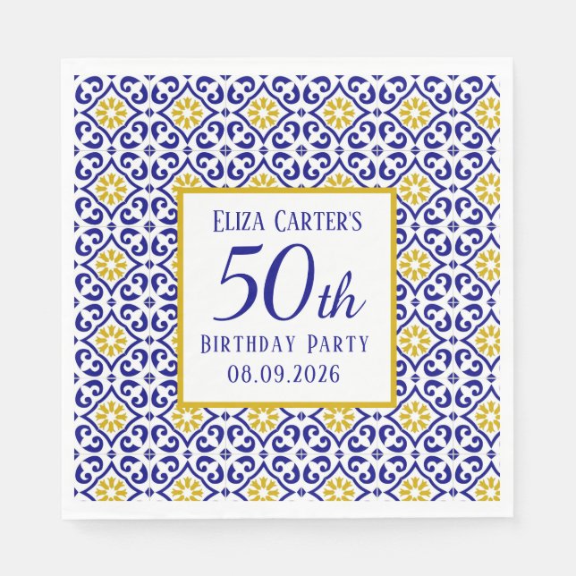 Portuguese Tiles Blue 50th Birthday Mediterranean  Napkin (Front)