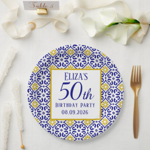 Portuguese Tiles Blue 50th Birthday Mediterranean Paper Plate