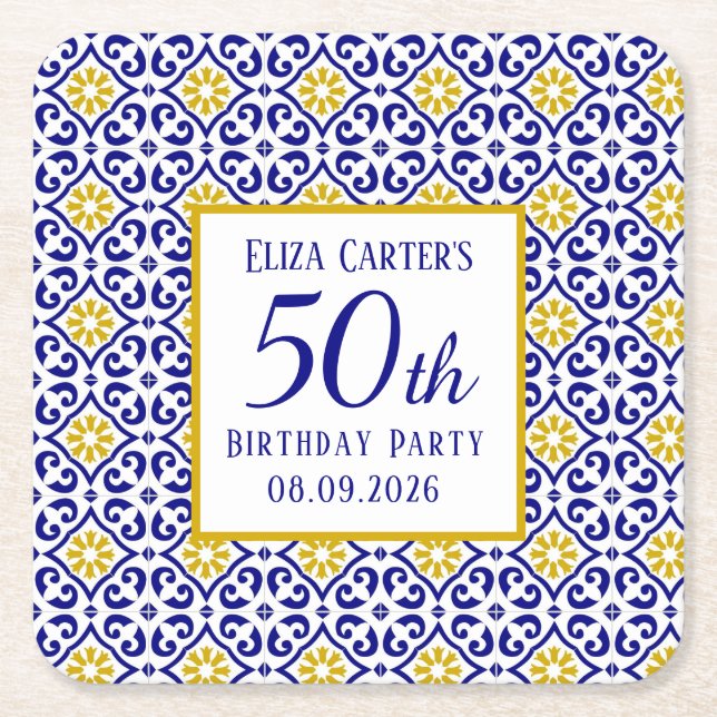Portuguese Tiles Blue 50th Birthday Mediterranean  Square Paper Coaster (Front)