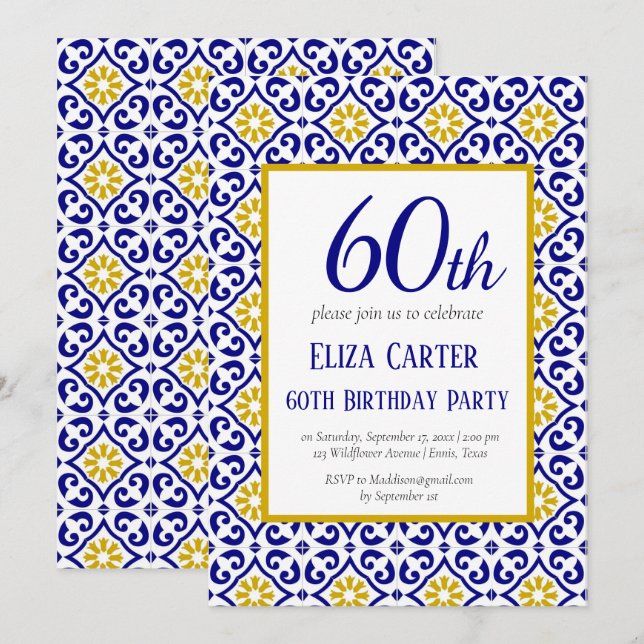 Portuguese Tiles Blue 60th Birthday Mediterranean  Invitation (Front/Back)