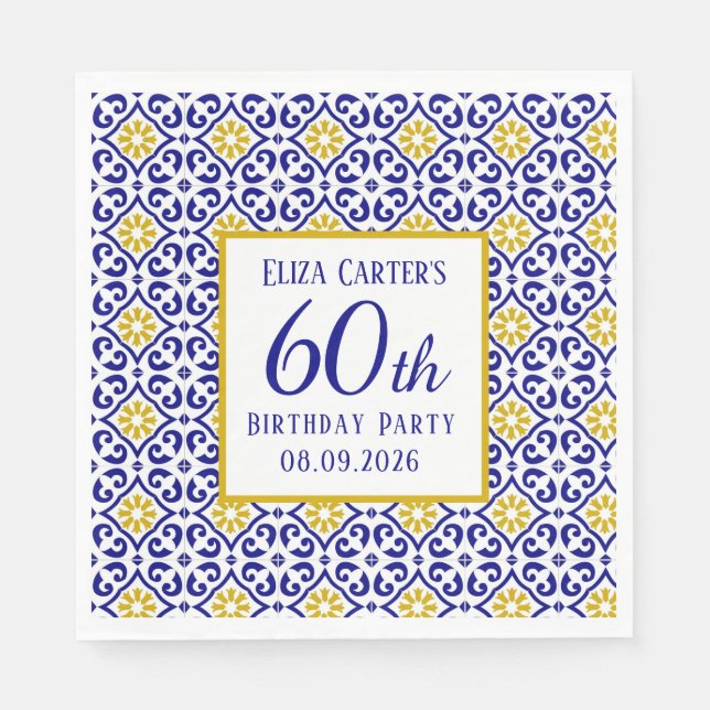 Portuguese Tiles Blue 60th Birthday Mediterranean  Napkin (Front)
